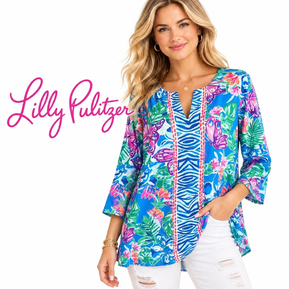 Lilly Pulitzer Blue Floral Butterfly Sophie Tunic UPF 50+ Top XL